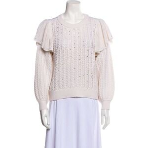 Alice + Olivia Soft White Pearl Sequin Ruffle Cable Knit Sweater CC110S45709 L